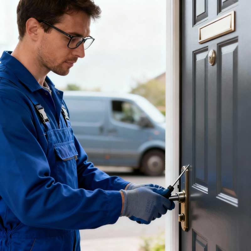 Serrurerie Amay :Serrurier ouvrant une porte d’entrée avec un outil — dépannage serrure en urgence