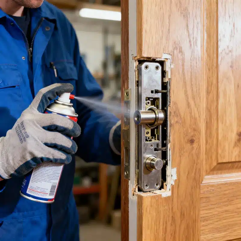 Diagnostic et entretien de serrure par un serrurier SanExpress Technicien SanExpress en train de pulvériser un lubrifiant sur une serrure encastrée pour assurer le bon fonctionnement du mécanisme, lors d’un diagnostic de porte en bois en Wallonie