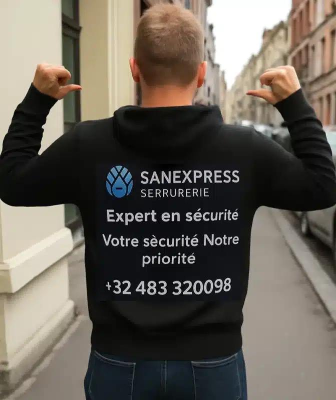Homme de dos qui montre le logo SanExpress “Expert en sécurité – Votre sécurité Notre priorité” avec le numéro +32 483 320098, illustrant notre savoir‑faire en ouverture serrurerie en Wallonie‑Bruxelles.