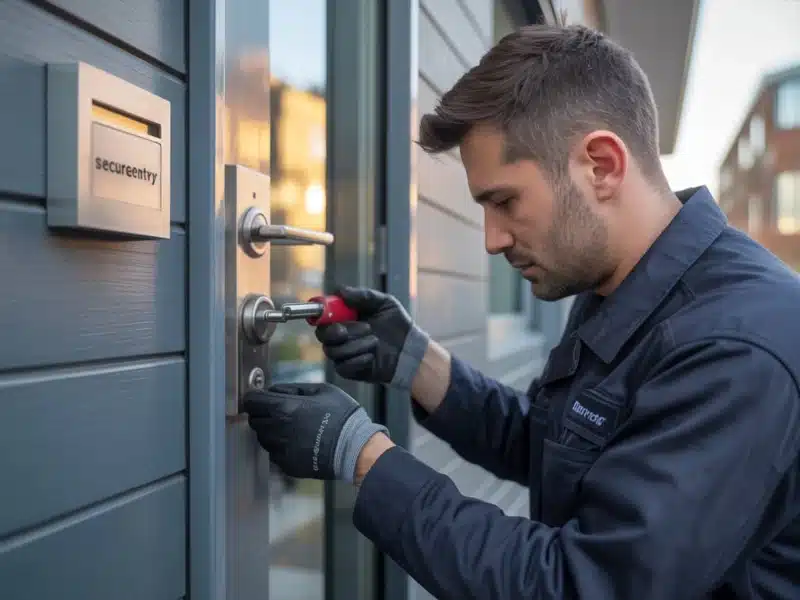 Serrurier professionnel SanExpress en train d’ouvrir une porte d’entrée moderne avec des outils adaptés, intervention sans dégâts en région Wallonie