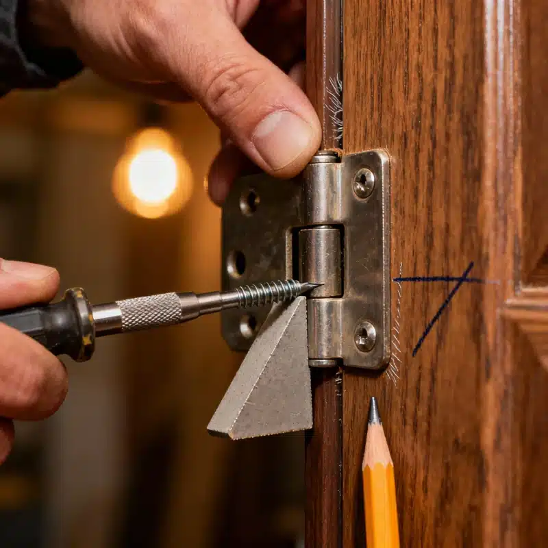 Réparation serrurerie d’une charnière de porte en bois, un professionnel visse le gond à l’aide d’un tournevis de précision