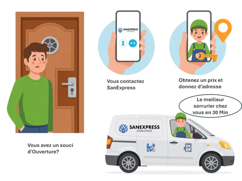 Illustration SanExpress qui décrit 4 étapes: client face à une porte bloquée, vous contactez notre société, vous donnez l’adresse et recevez un prix, le technicien qui arrive vite (≈30 min) et qui résout le problème; ouverture serrurerie en Wallonie–Bruxelles.