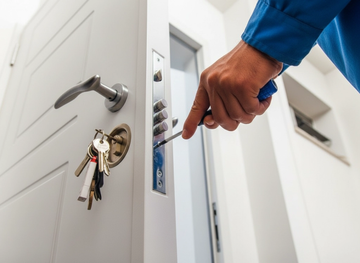 Technicien en train de regler le probleme de serrure d'une porte